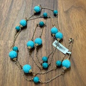 NWT Banana Republic Faux Turquoise Blue Gold Tone Beaded Long Statement Necklace